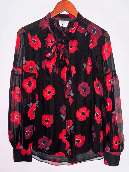 kate spade Tops - Kate Spade Medium Poppy Chiffon Bow Silk Top Sheer Sleeve Feminine Romantic